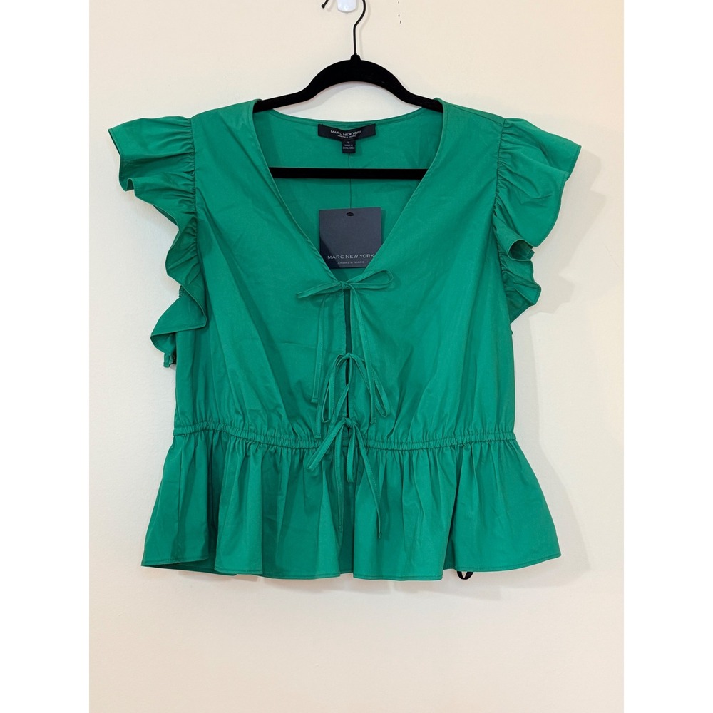 Marc New York Andrew Marc Green Ruffle Sleeve Tie Front Peplum Blouse Large NEW